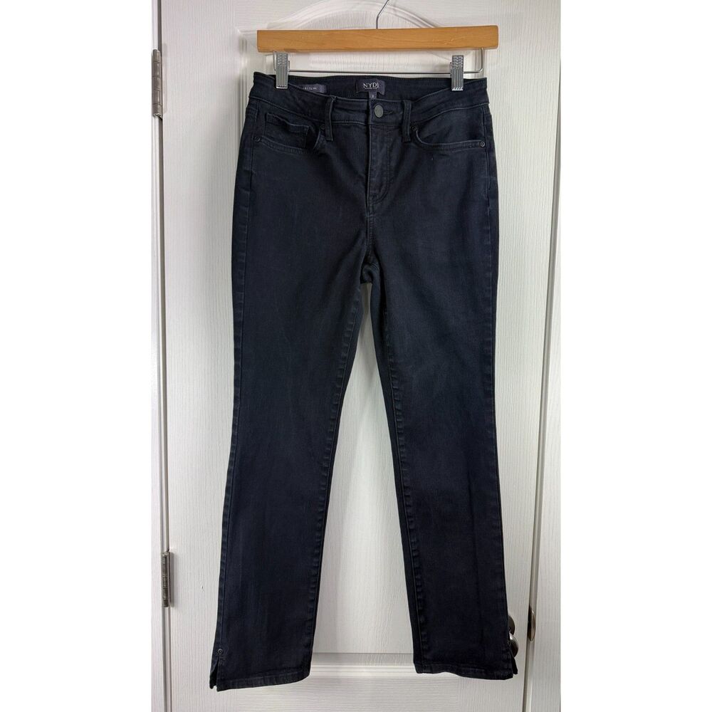 NYDJ Sheri Slim Women's Jeans Size 2 Black Mid Rise Snap Hem Stretch Denim